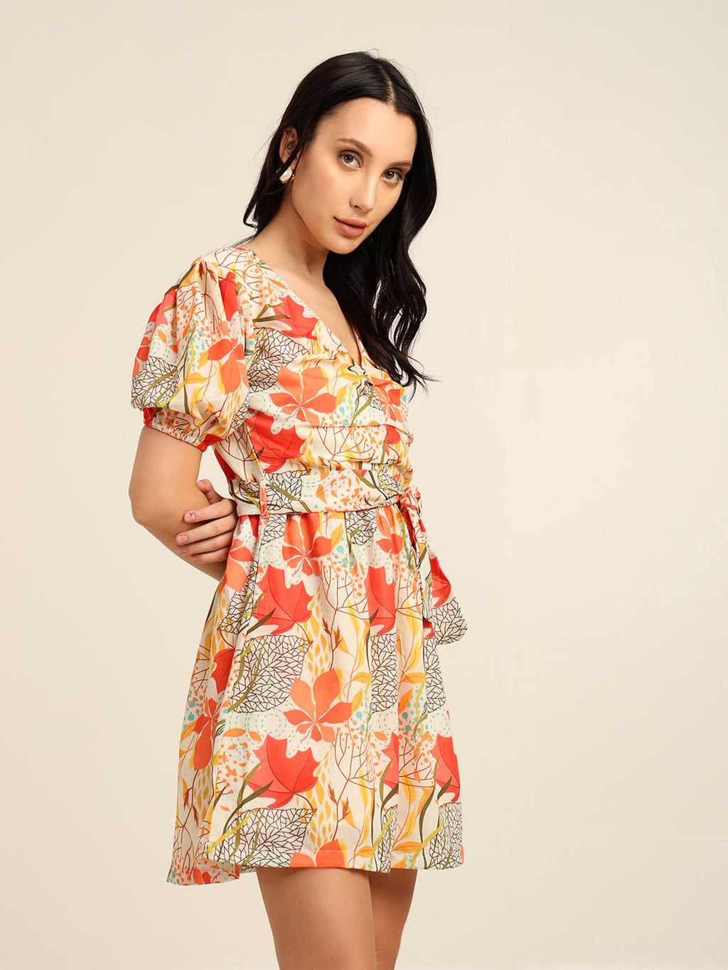 Floral Print Cambric Mini Dress with Puff Sleeves & Belt