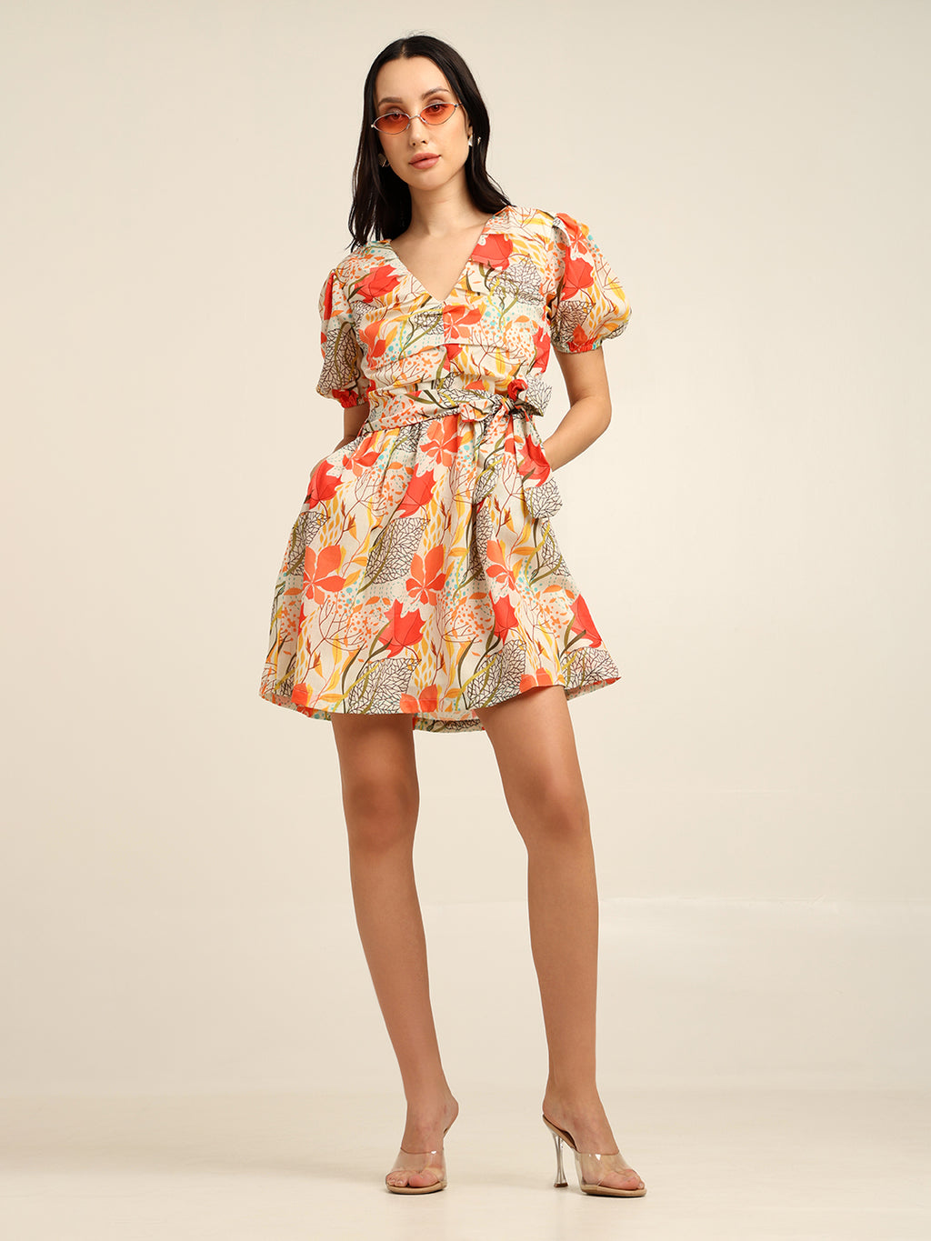 Floral Print Cambric Mini Dress with Puff Sleeves & Belt