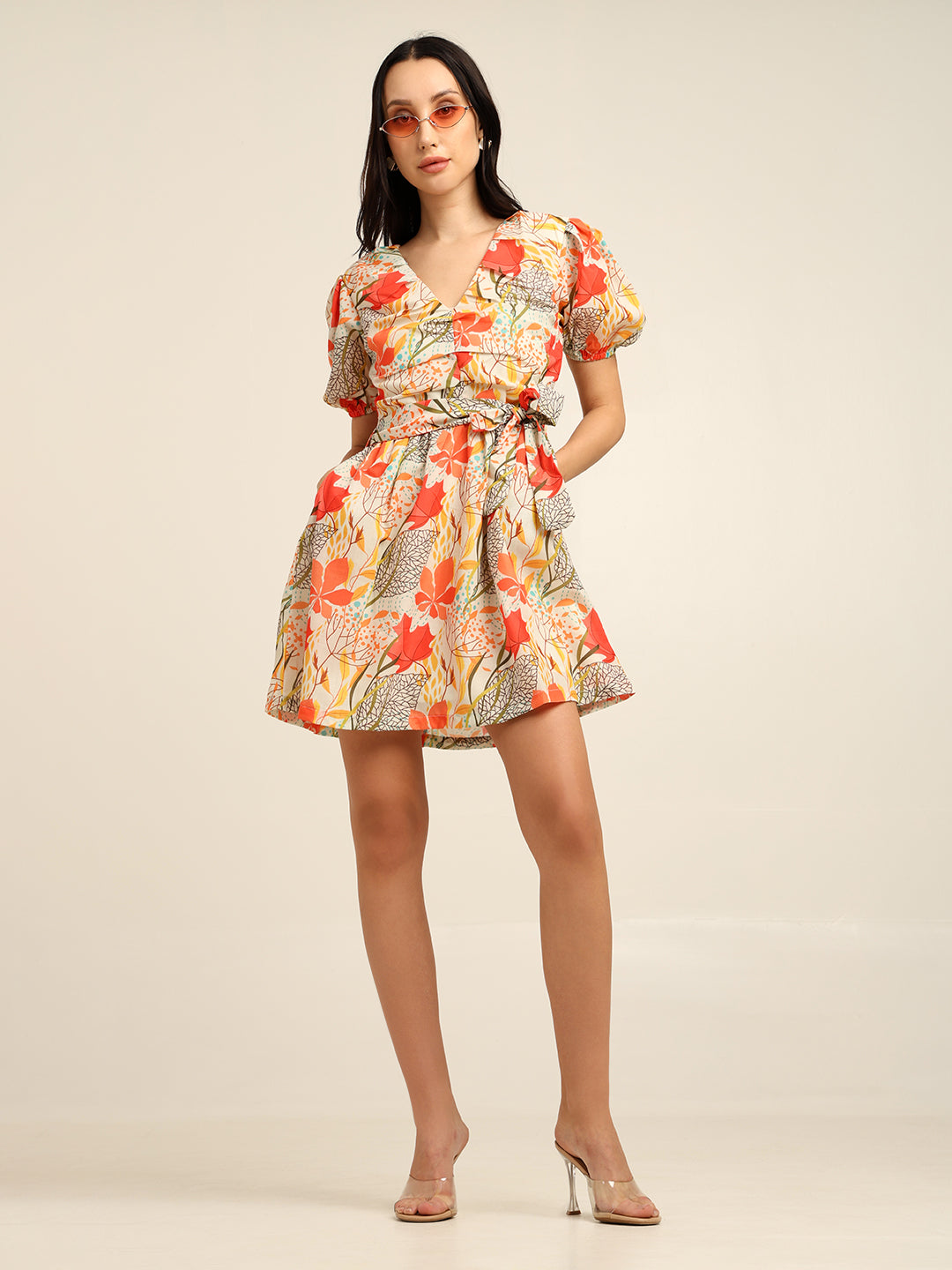 Floral Print Cambric Mini Dress with Puff Sleeves & Belt