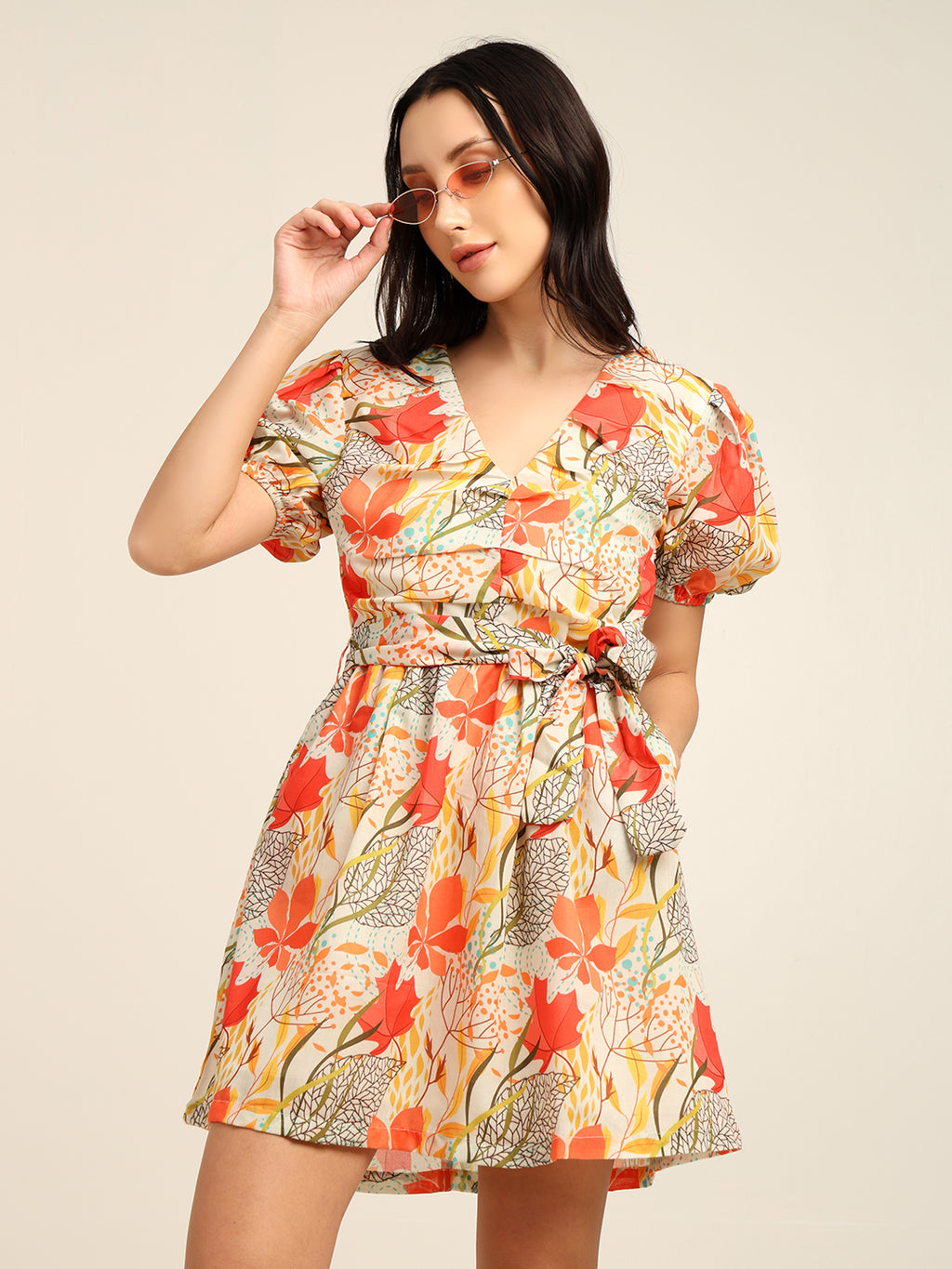 Floral Print Cambric Mini Dress with Puff Sleeves & Belt