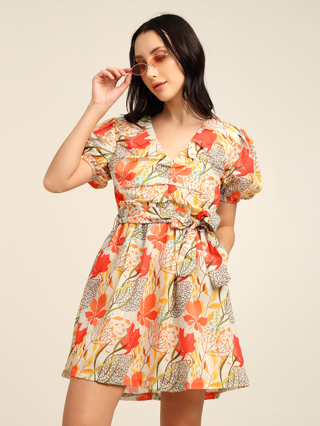 Floral Print Cambric Mini Dress with Puff Sleeves & Belt