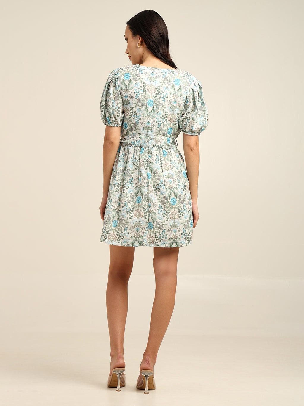 Floral Print Cambric Mini Dress with Puff Sleeves & Belt