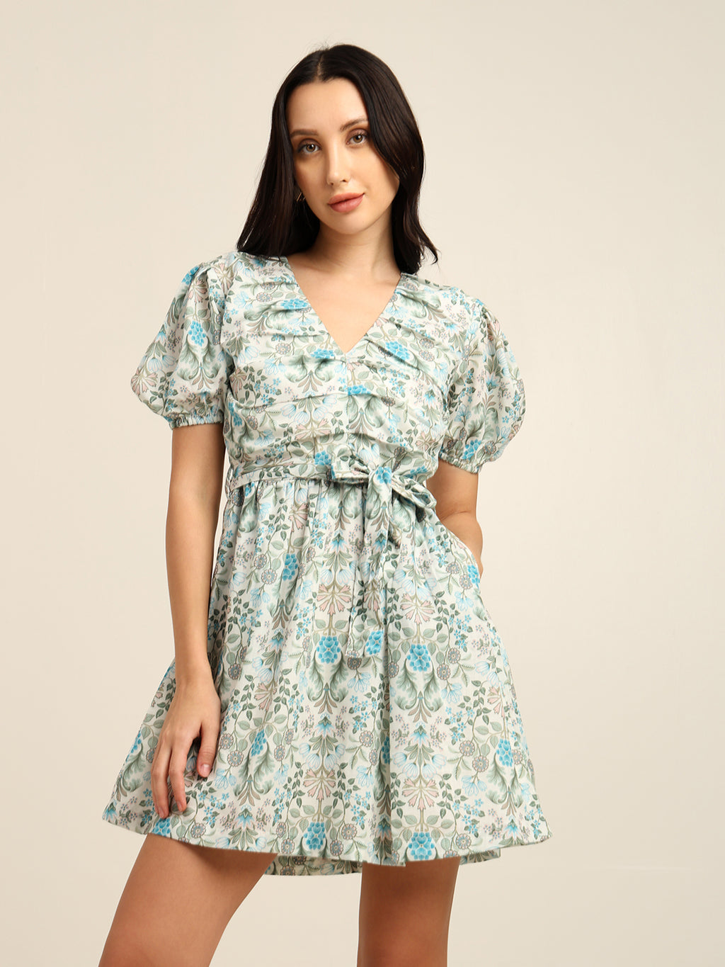 Floral Print Cambric Mini Dress with Puff Sleeves & Belt