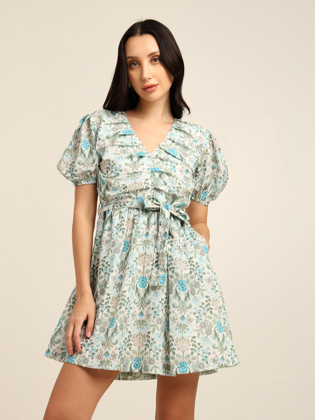 Floral Print Cambric Mini Dress with Puff Sleeves & Belt