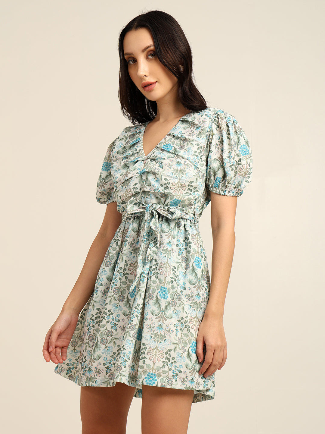 Floral Print Cambric Mini Dress with Puff Sleeves & Belt