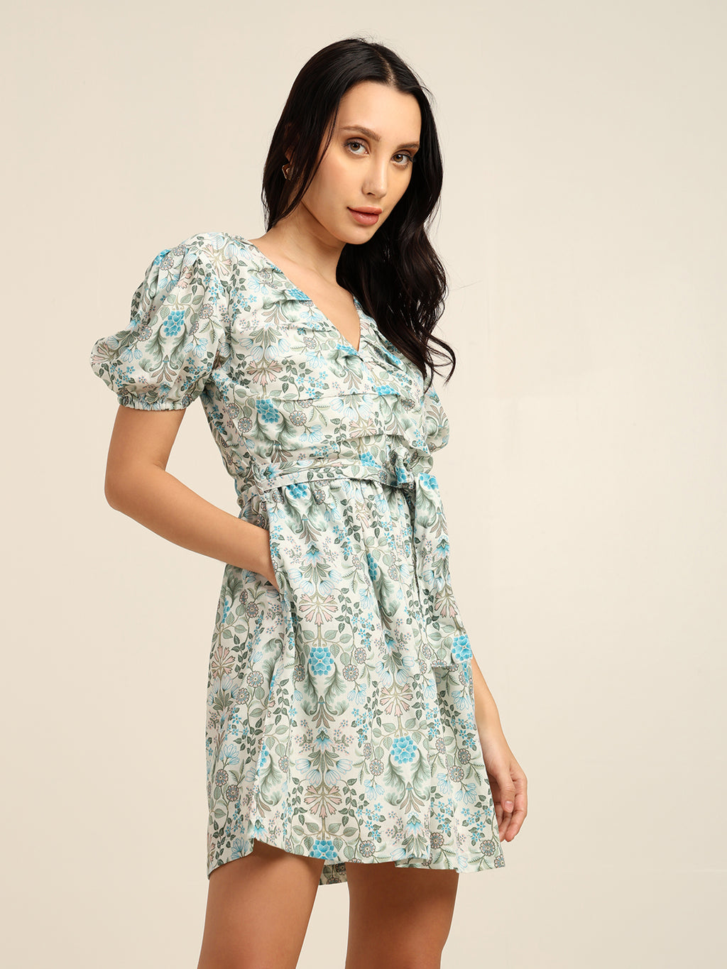 Floral Print Cambric Mini Dress with Puff Sleeves & Belt