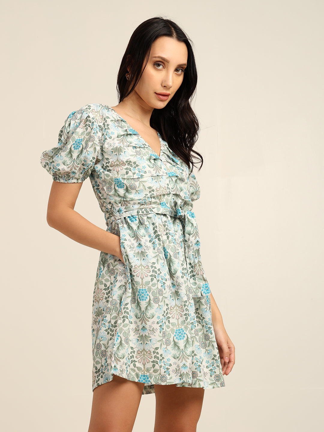 Floral Print Cambric Mini Dress with Puff Sleeves & Belt