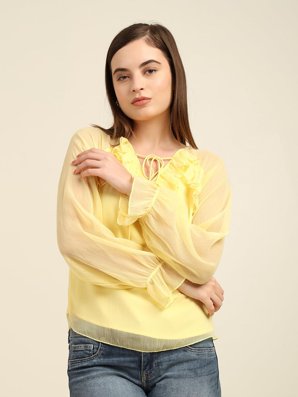 Women's Full-Sleeve Yellow Chiffon Top