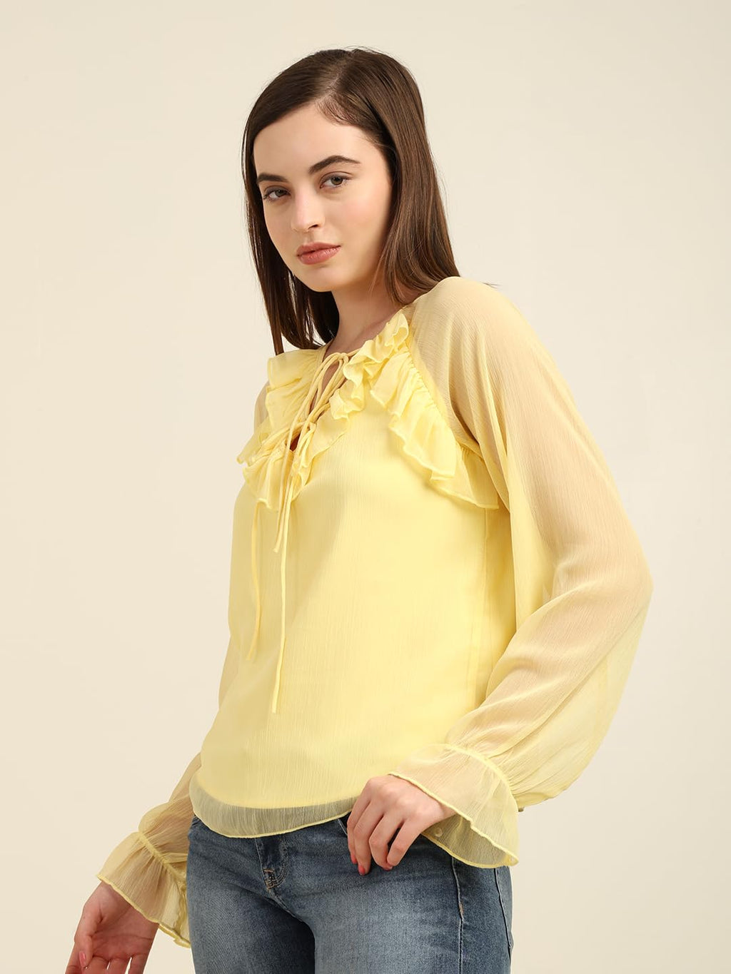 Women's Full-Sleeve Yellow Chiffon Top