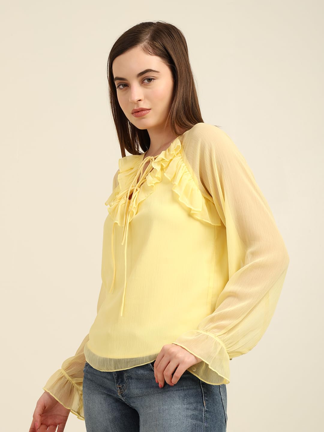 Women's Full-Sleeve Yellow Chiffon Top