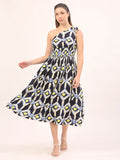 Womens Printed One Shoulder Flare Maxi Dress
