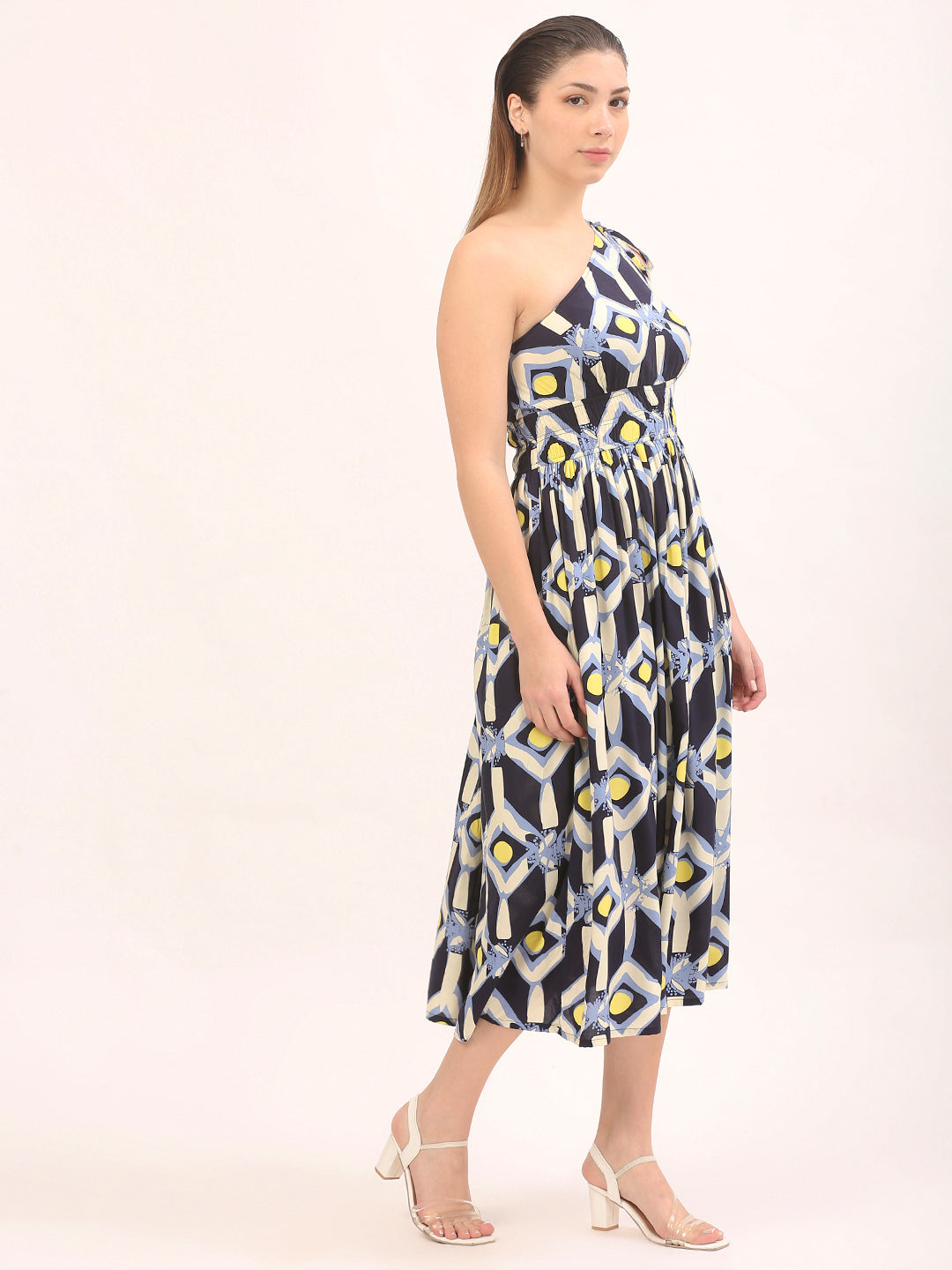 Womens Printed One Shoulder Flare Maxi Dress