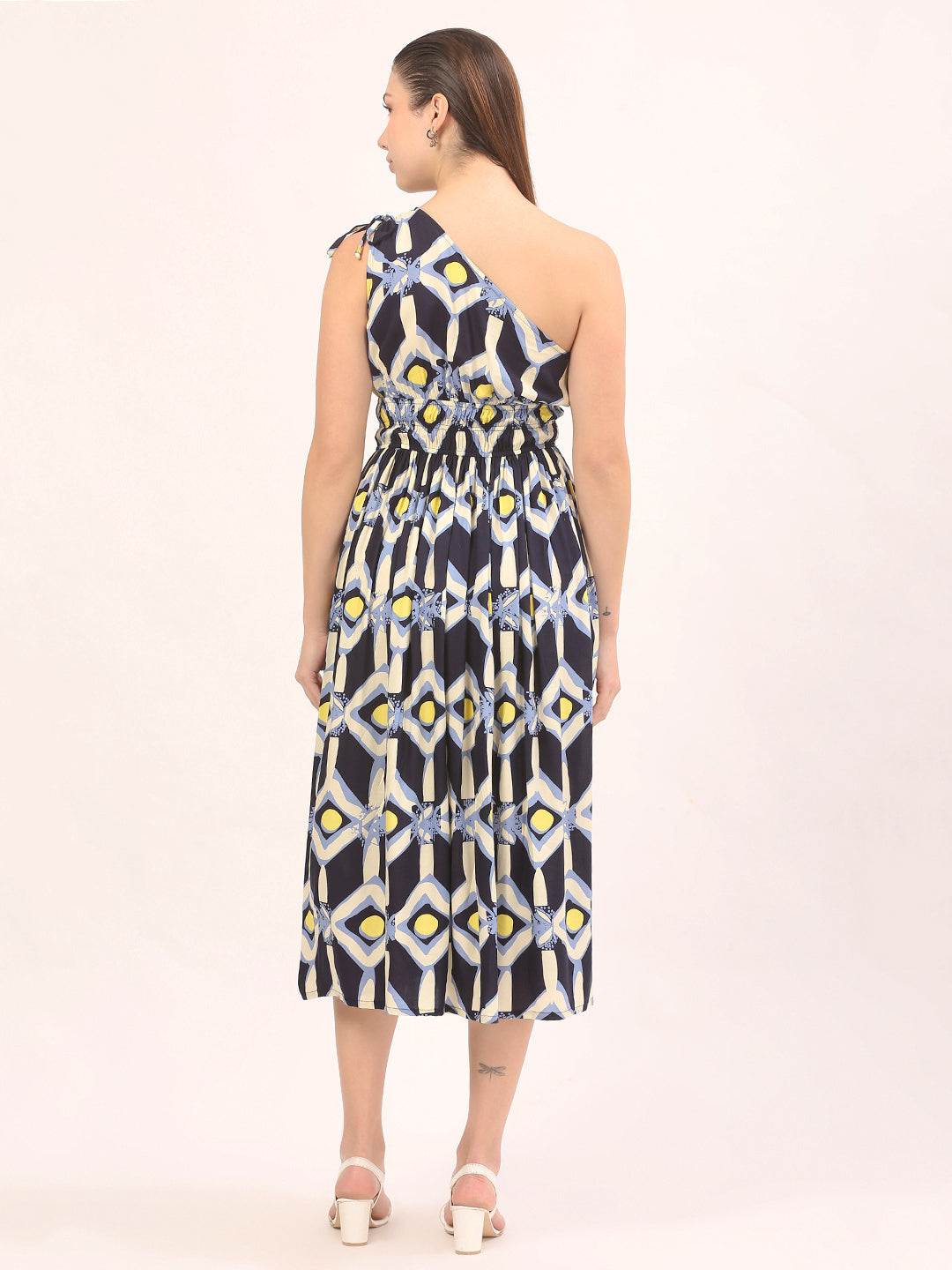 Womens Printed One Shoulder Flare Maxi Dress