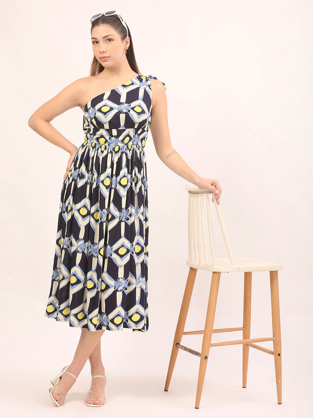 Womens Printed One Shoulder Flare Maxi Dress