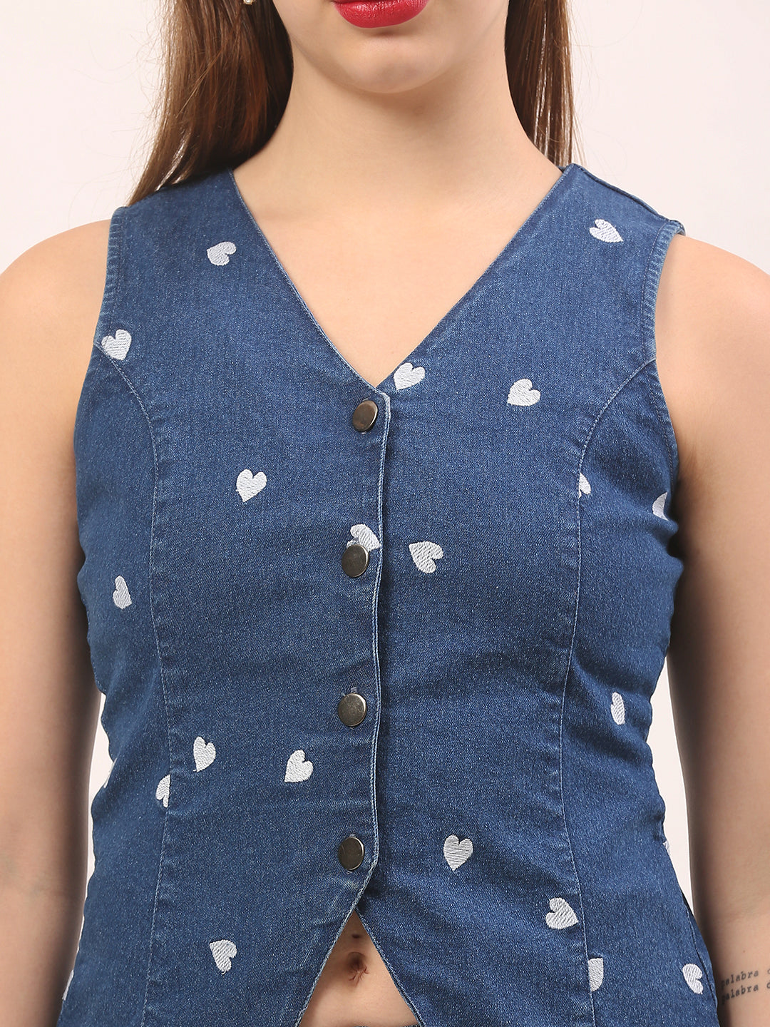 Womens Denim Heart Embroidered Vest Top