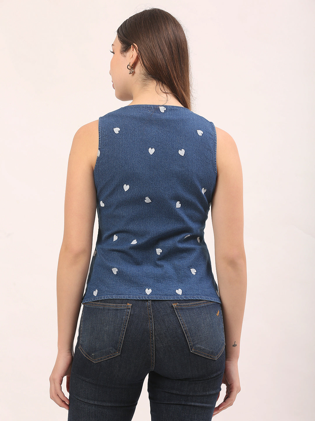 Womens Denim Heart Embroidered Vest Top