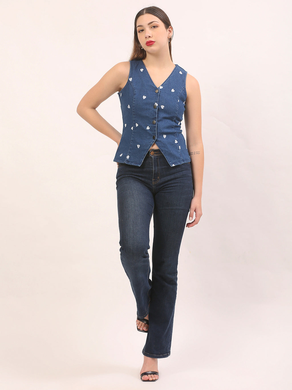 Womens Denim Heart Embroidered Vest Top
