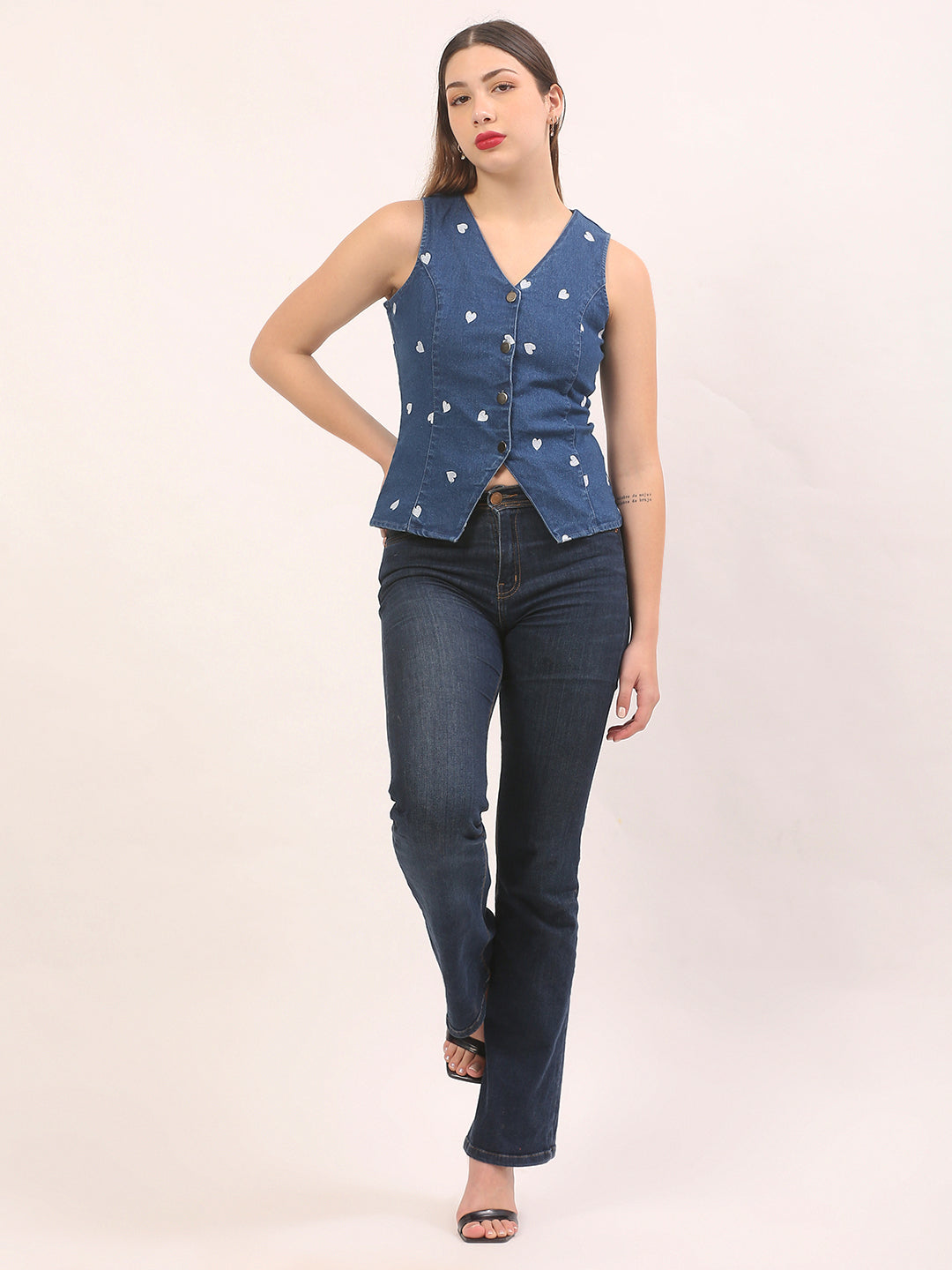 Womens Denim Heart Embroidered Vest Top