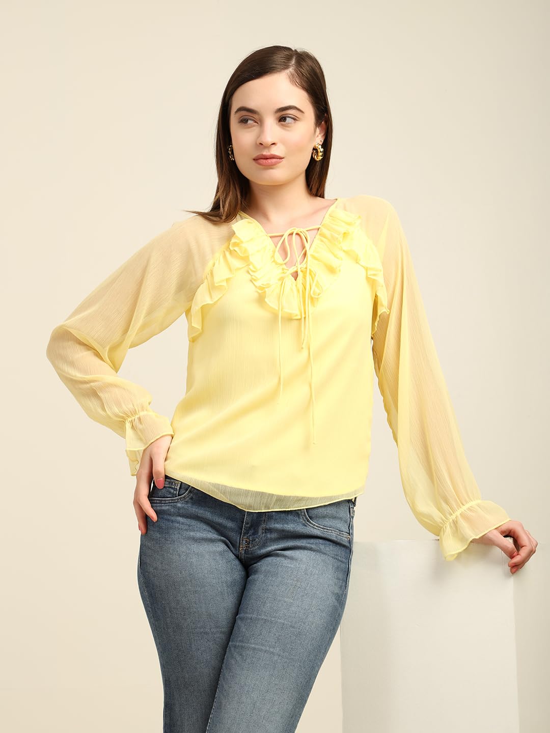 Women's Full-Sleeve Yellow Chiffon Top