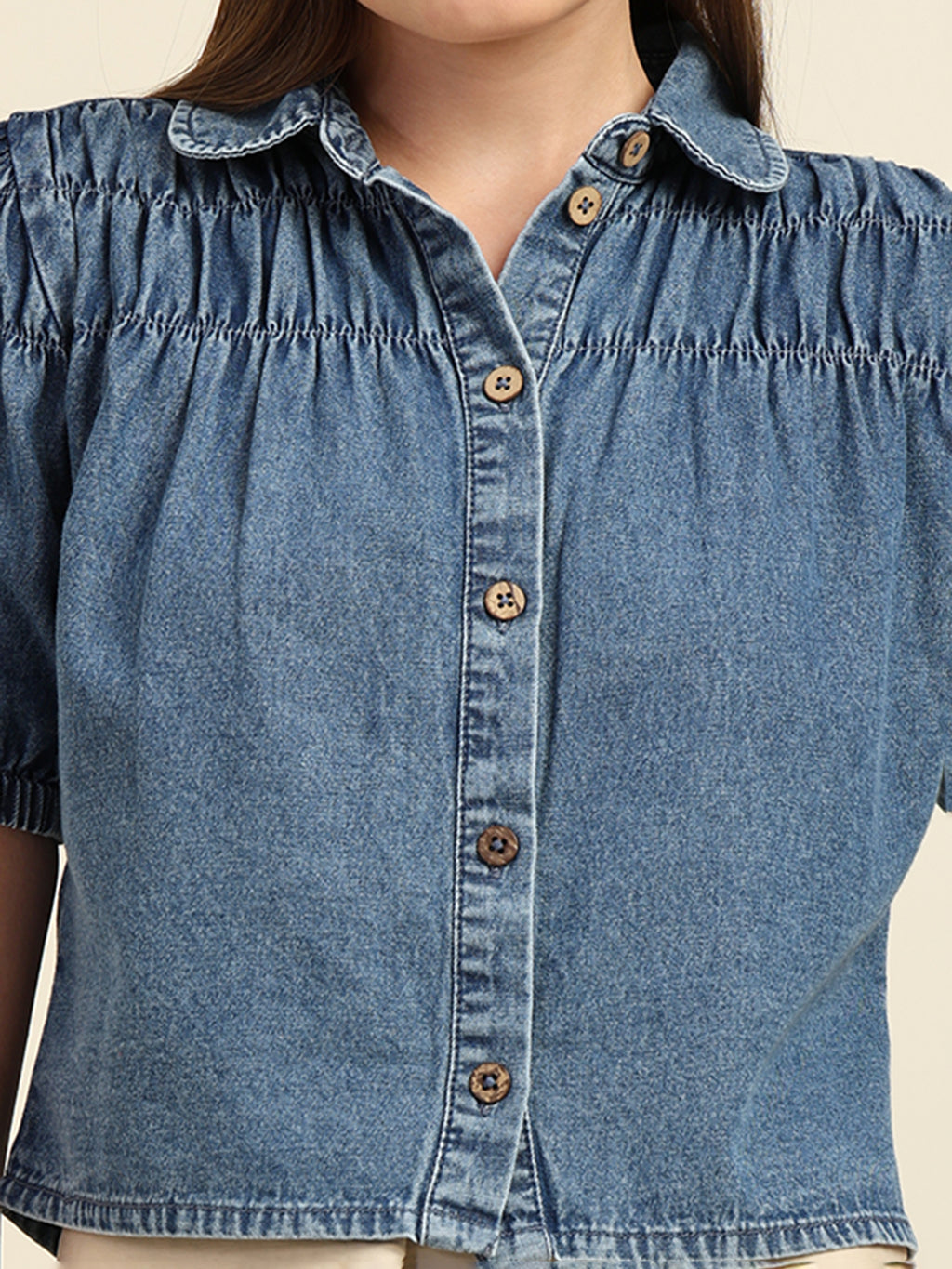 Women's Denim Puff Sleeve Shirt Top