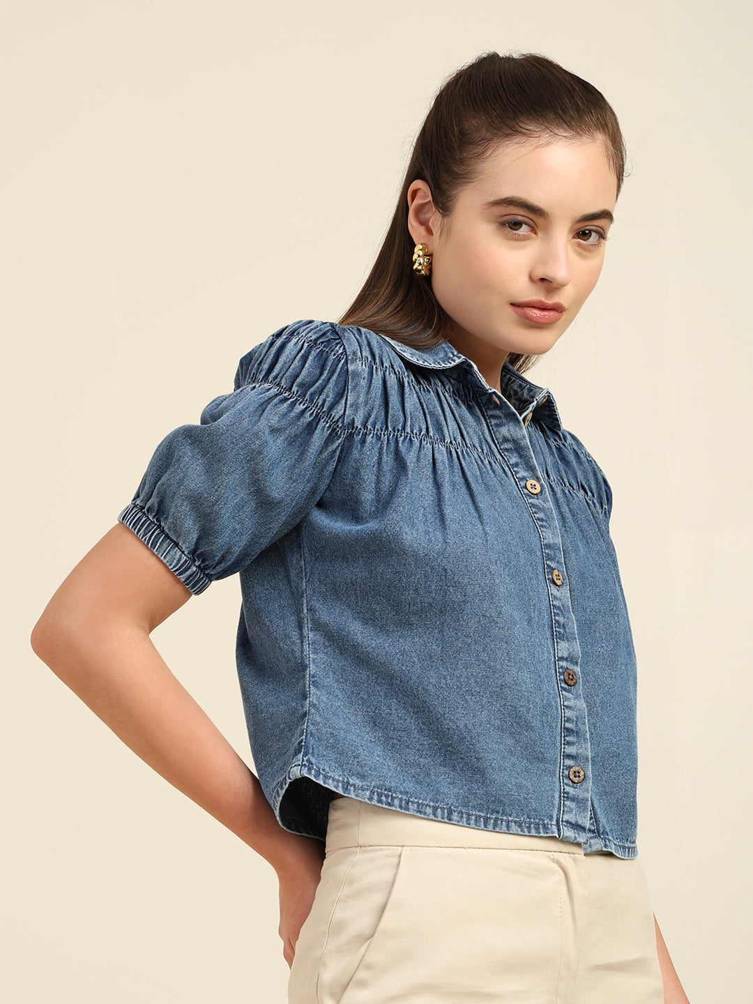 Women's Denim Puff Sleeve Shirt Top