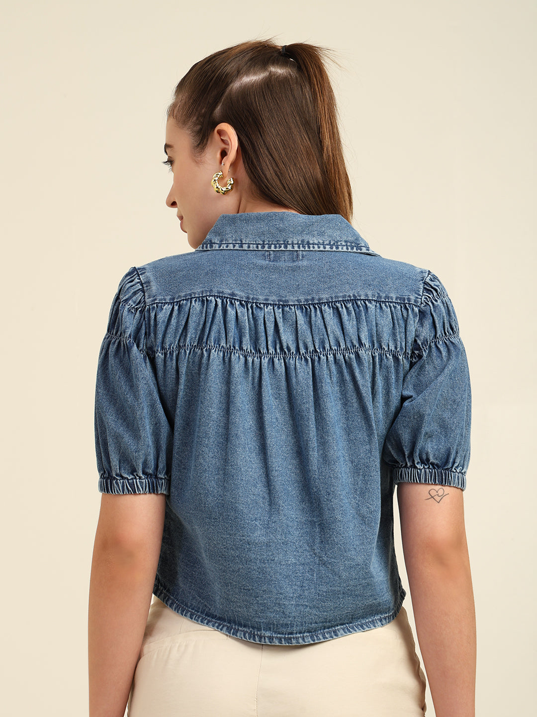 Women's Denim Puff Sleeve Shirt Top