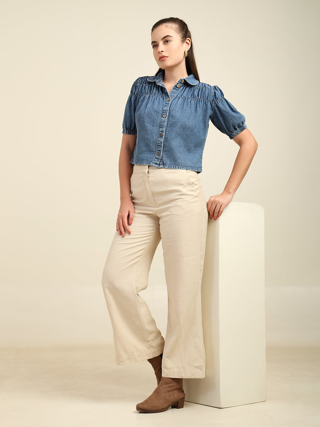 Women's Denim Puff Sleeve Shirt Top