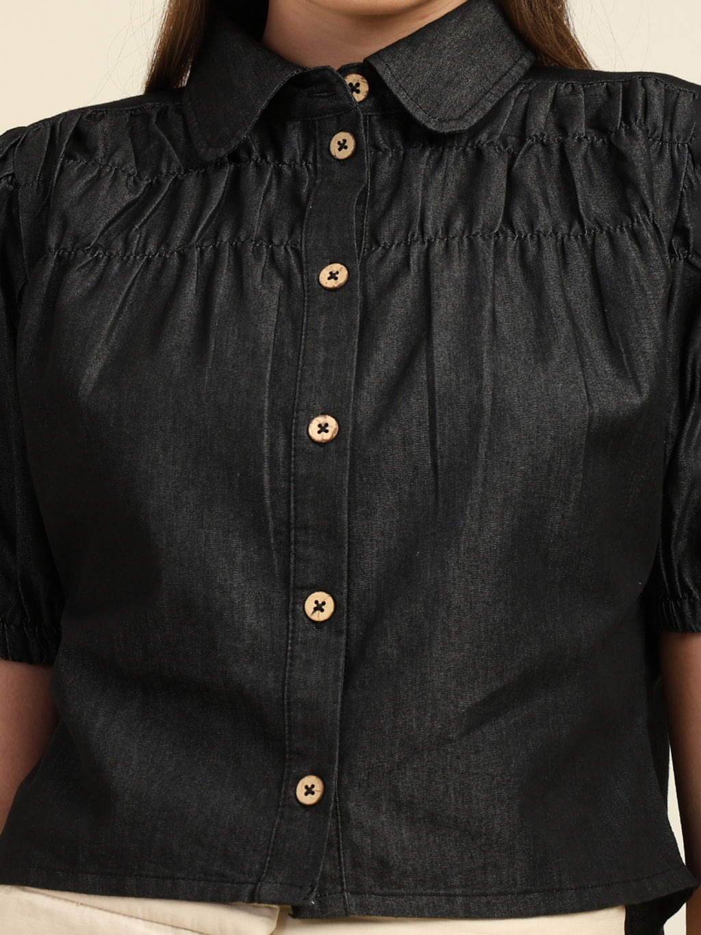 Women's Denim Puff Sleeve Shirt Top