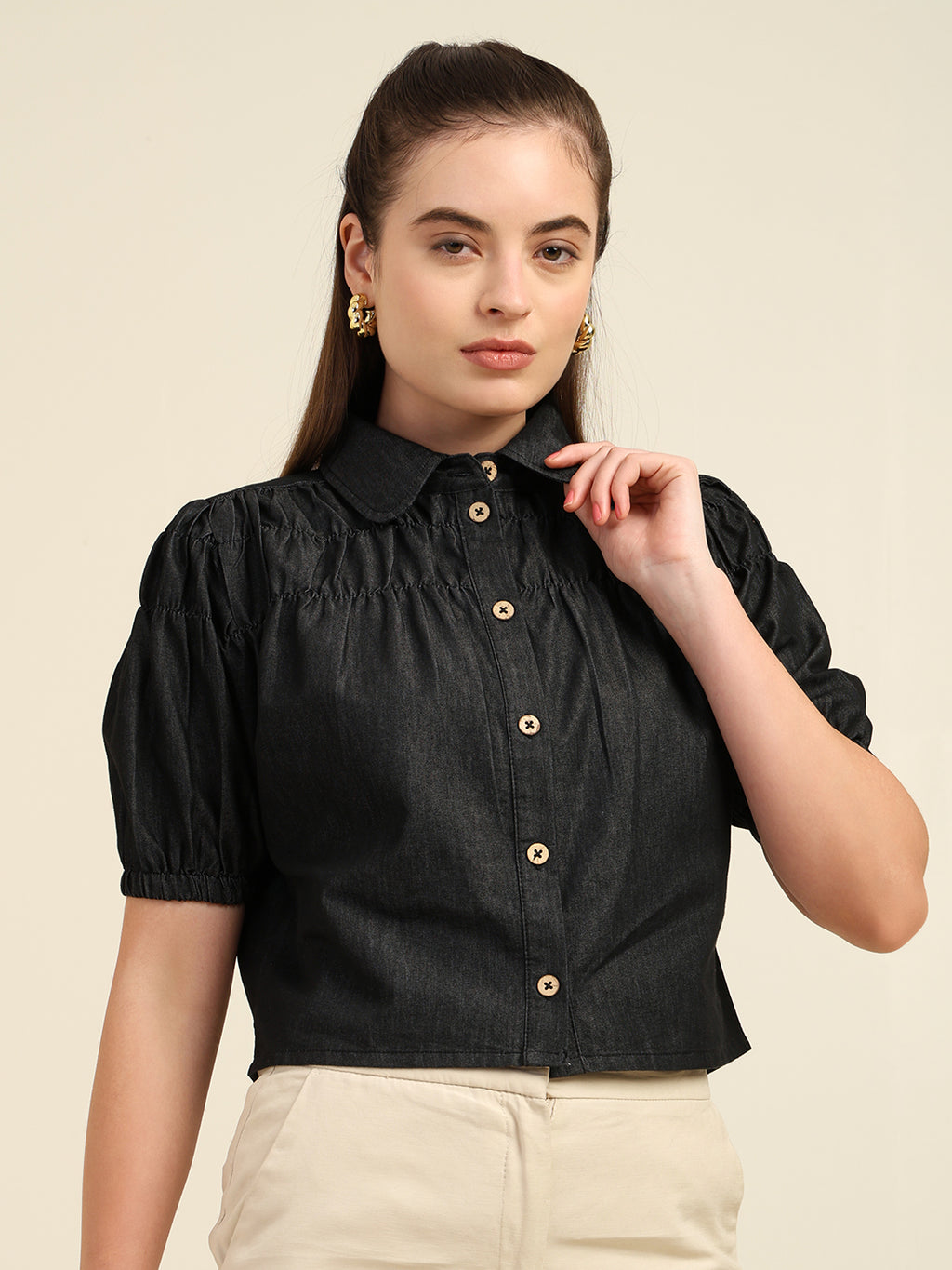 Women's Denim Puff Sleeve Shirt Top