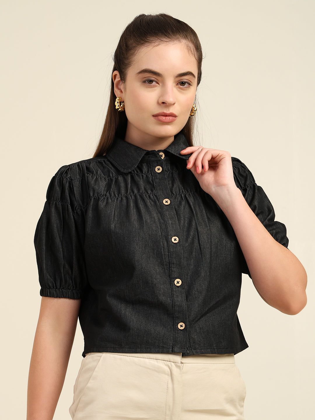 Women's Denim Puff Sleeve Shirt Top