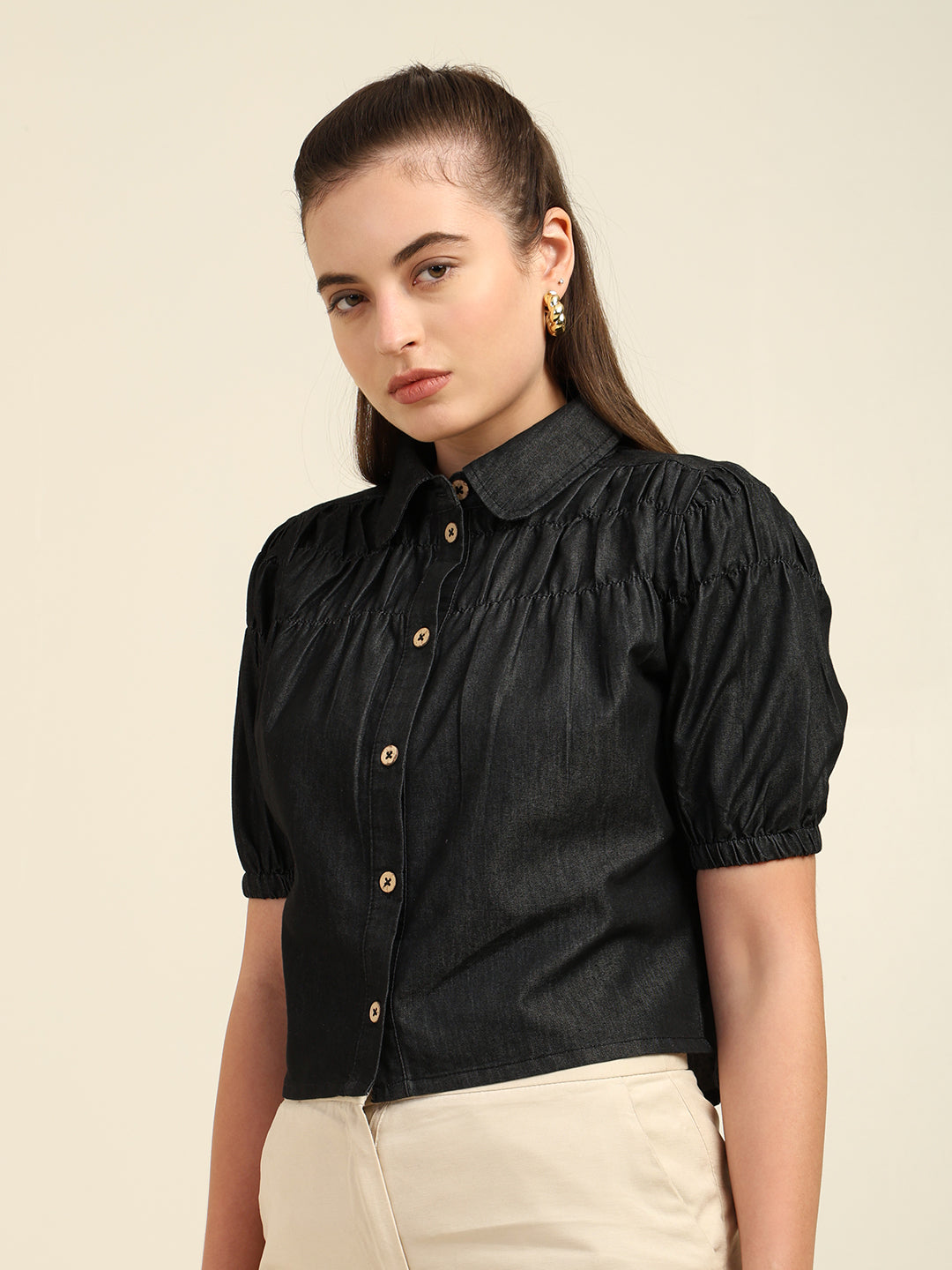 Women's Denim Puff Sleeve Shirt Top