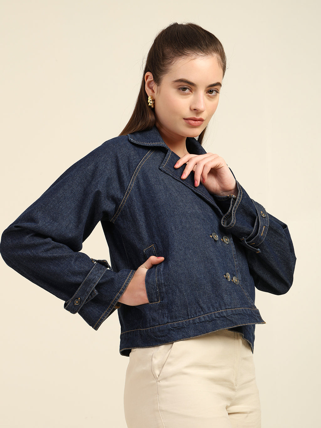 Women's 100% Cotton Denim Trench Jacket