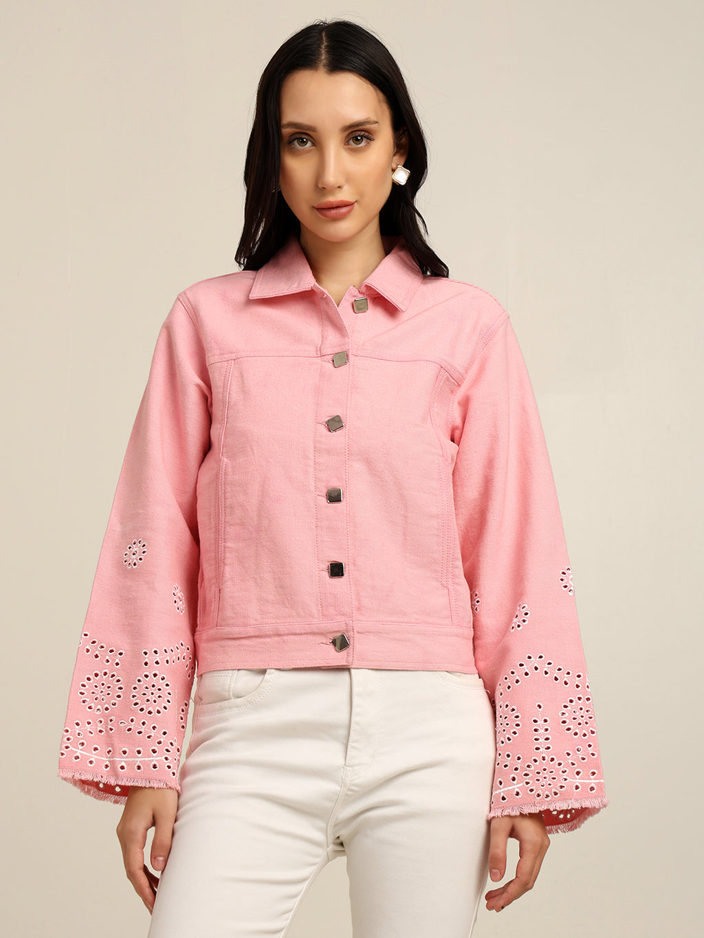 Women's 100% Cotton Twill Schiffli Embroidery Jacket