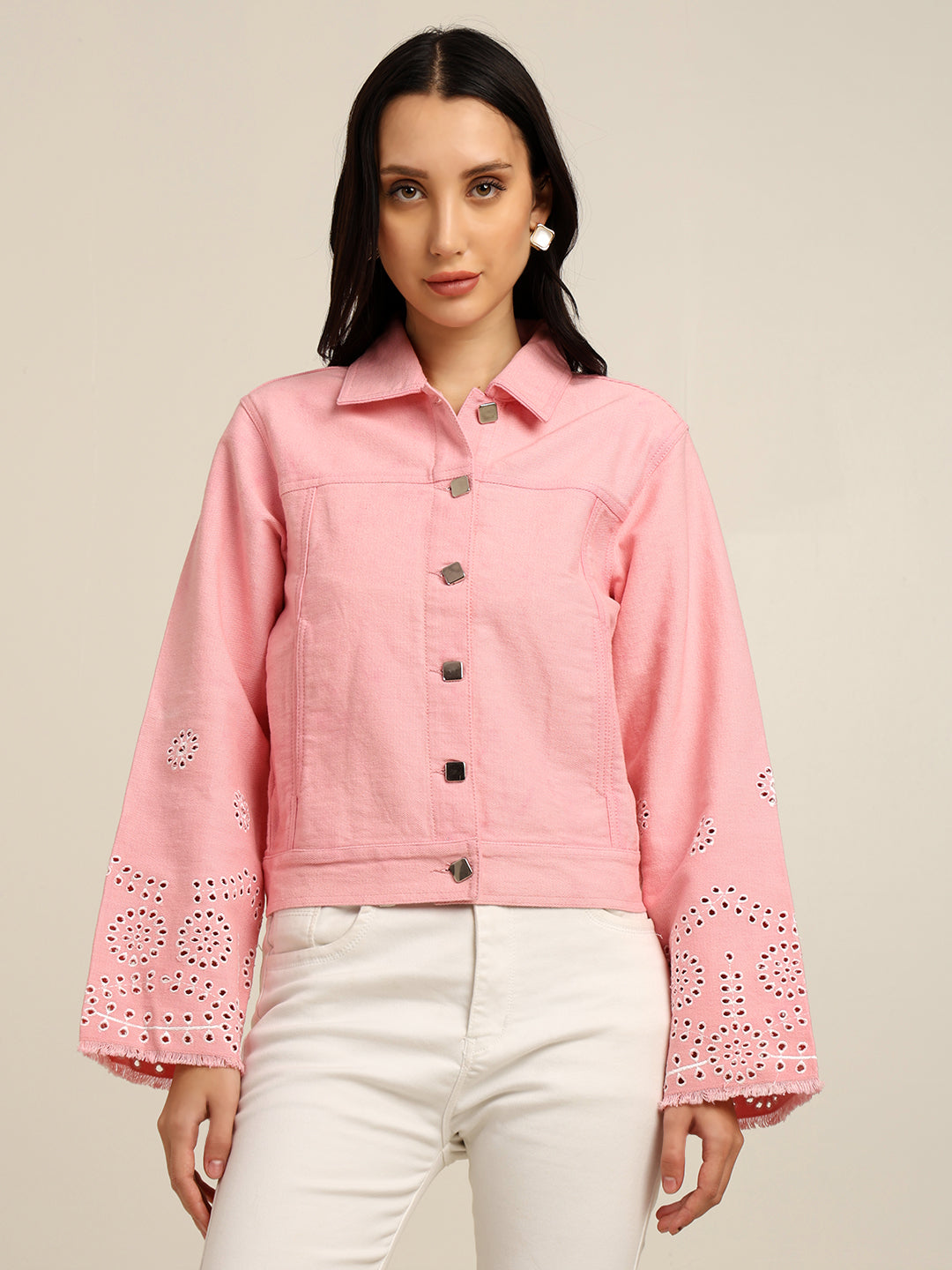 Women's 100% Cotton Twill Schiffli Embroidery Jacket