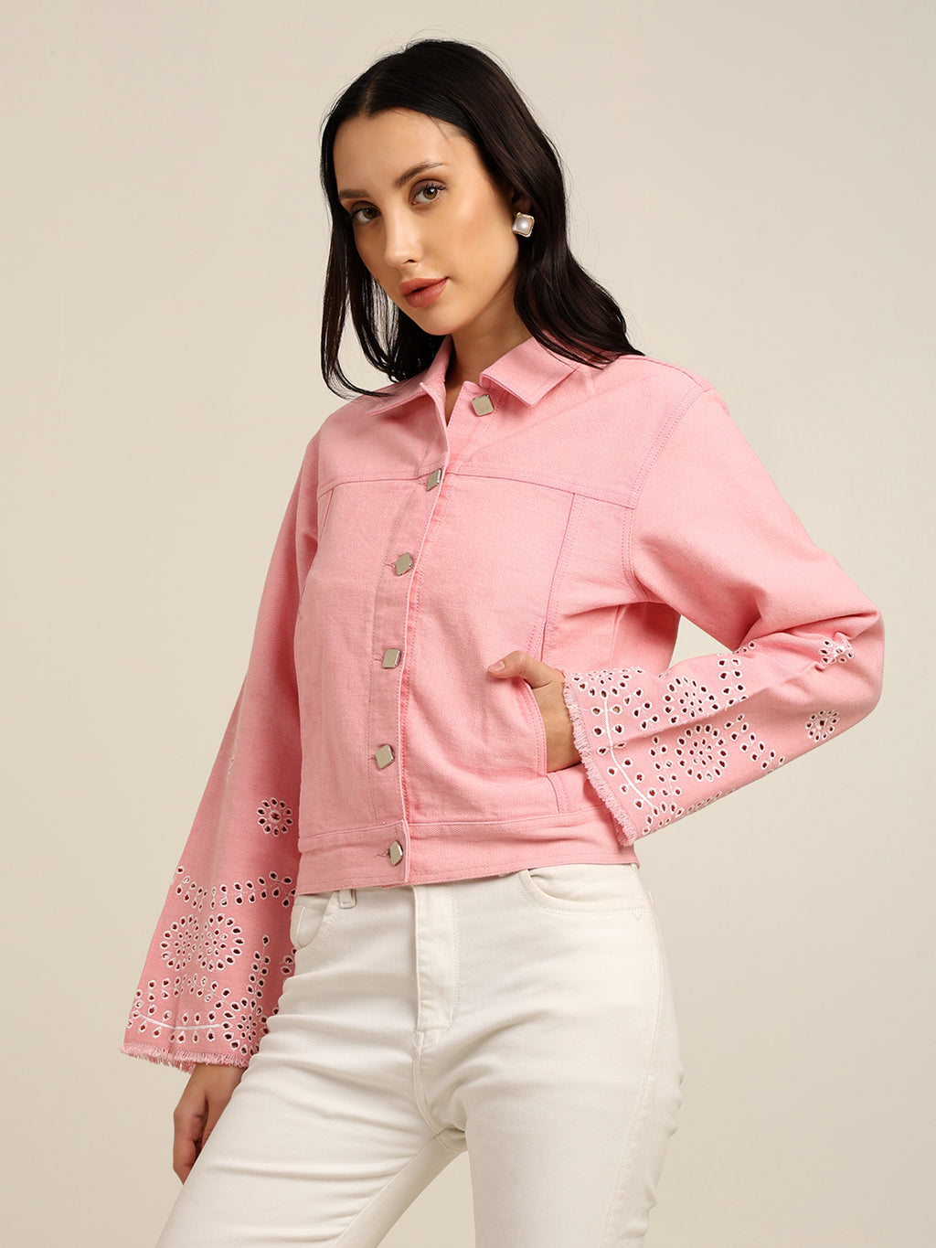 Women's 100% Cotton Twill Schiffli Embroidery Jacket