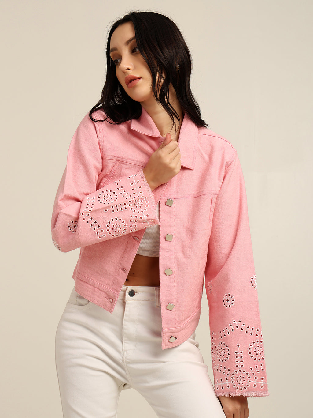 Women's 100% Cotton Twill Schiffli Embroidery Jacket