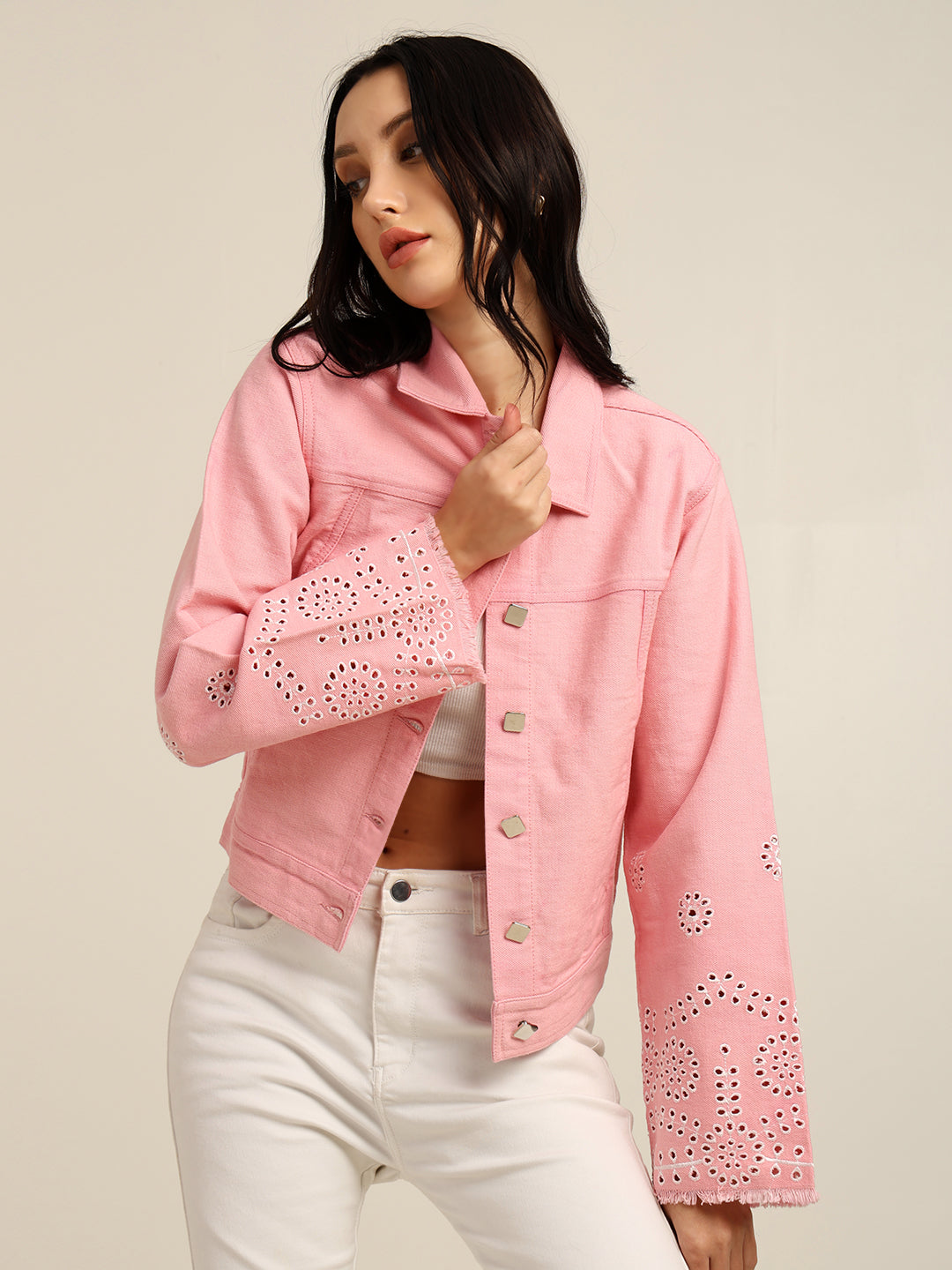 Women's 100% Cotton Twill Schiffli Embroidery Jacket