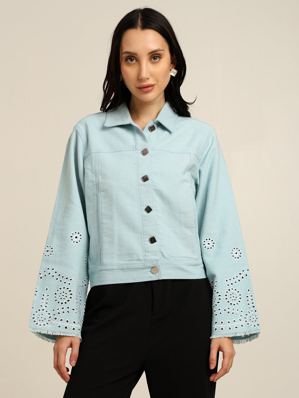 Women's 100% Cotton Twill Schiffli Embroidery Jacket