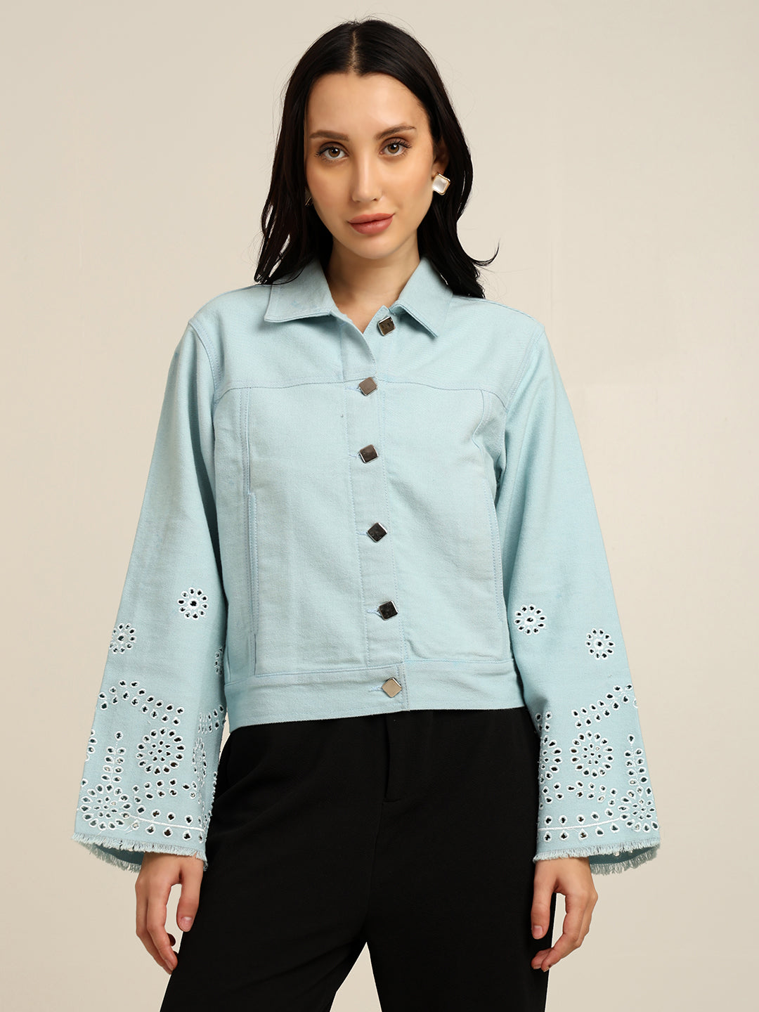 Women's 100% Cotton Twill Schiffli Embroidery Jacket