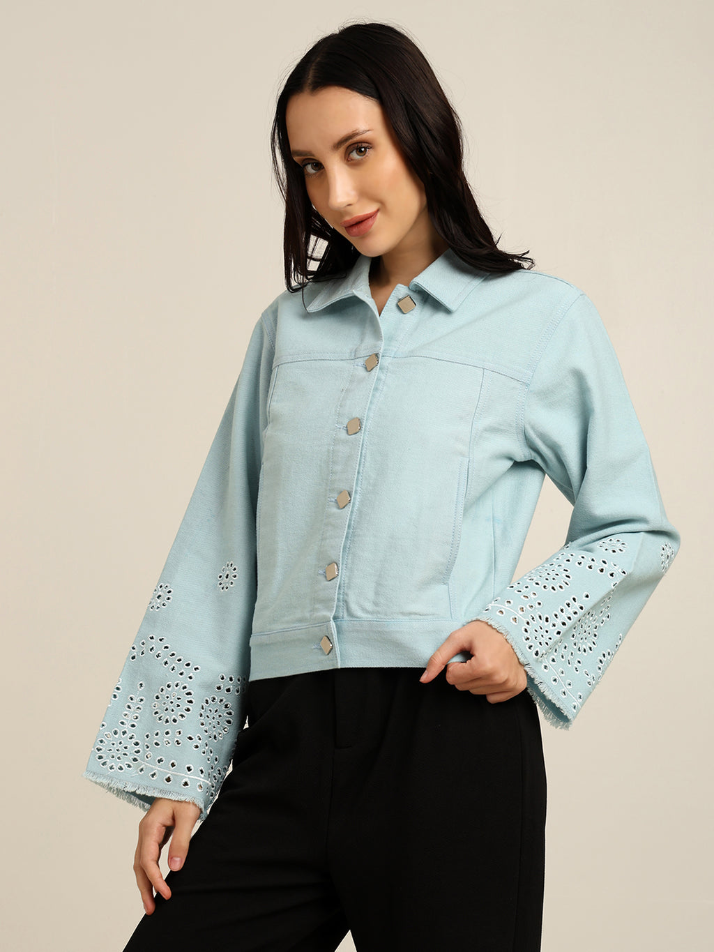 Women's 100% Cotton Twill Schiffli Embroidery Jacket