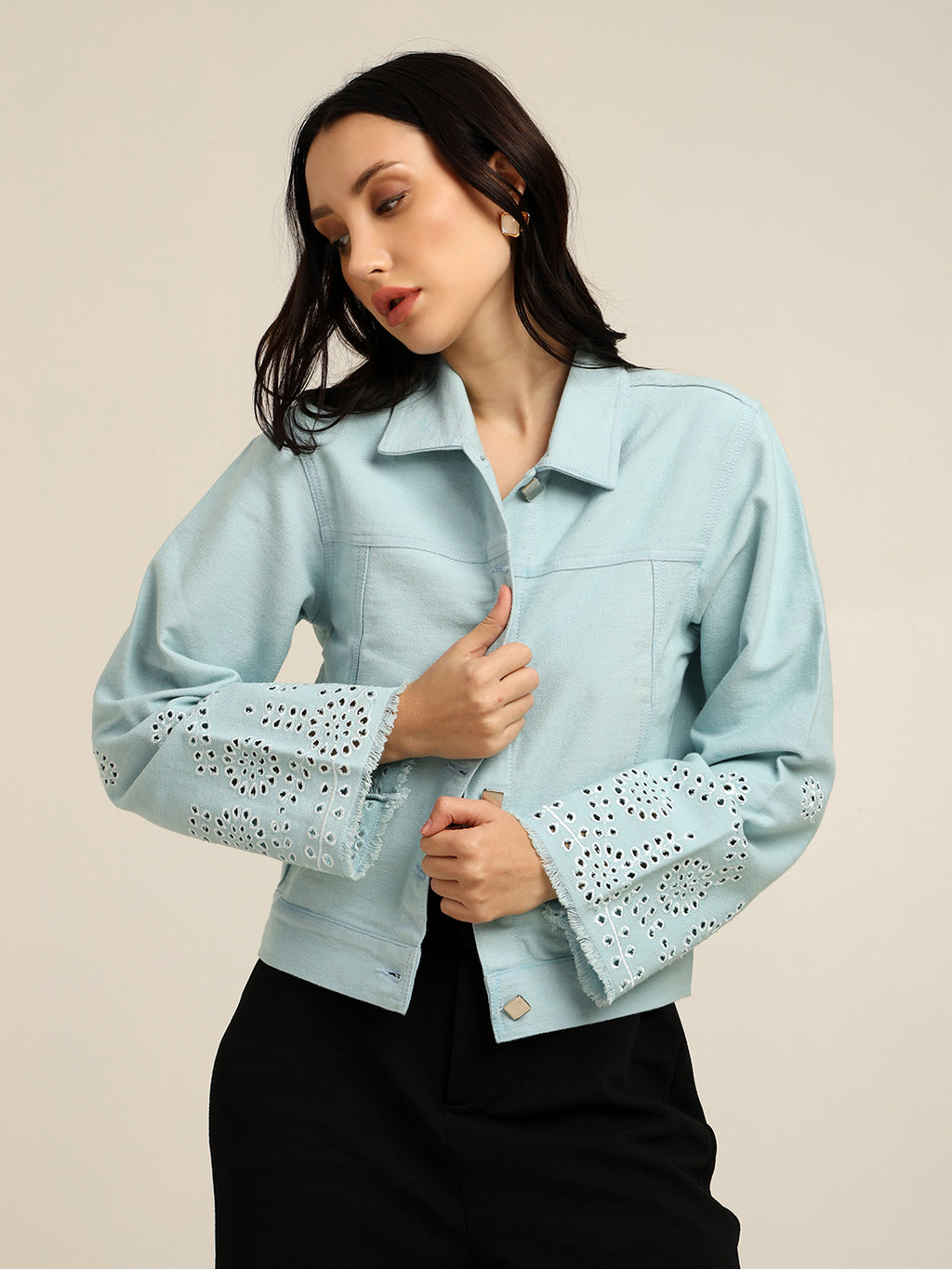 Women's 100% Cotton Twill Schiffli Embroidery Jacket