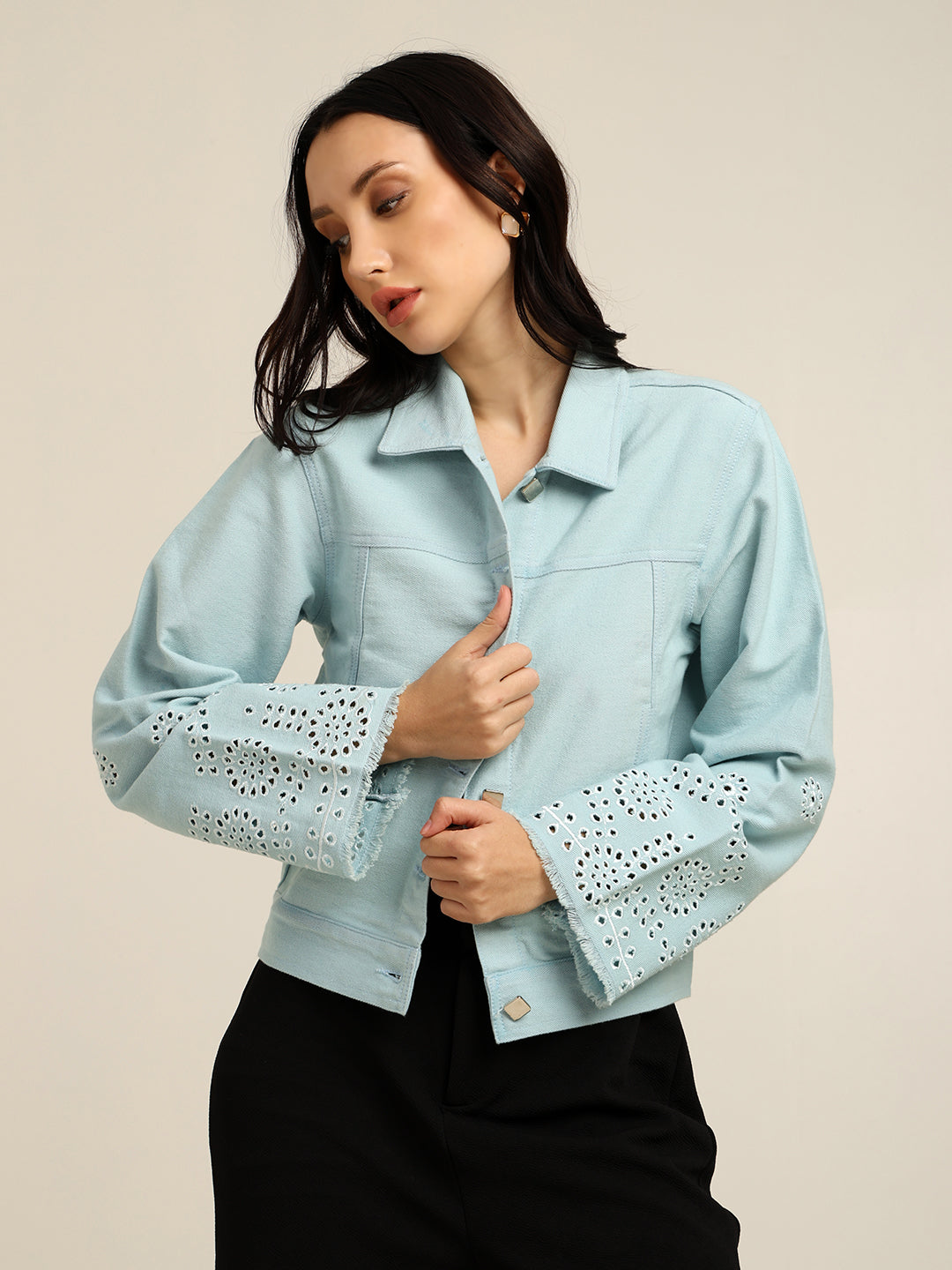Women's 100% Cotton Twill Schiffli Embroidery Jacket