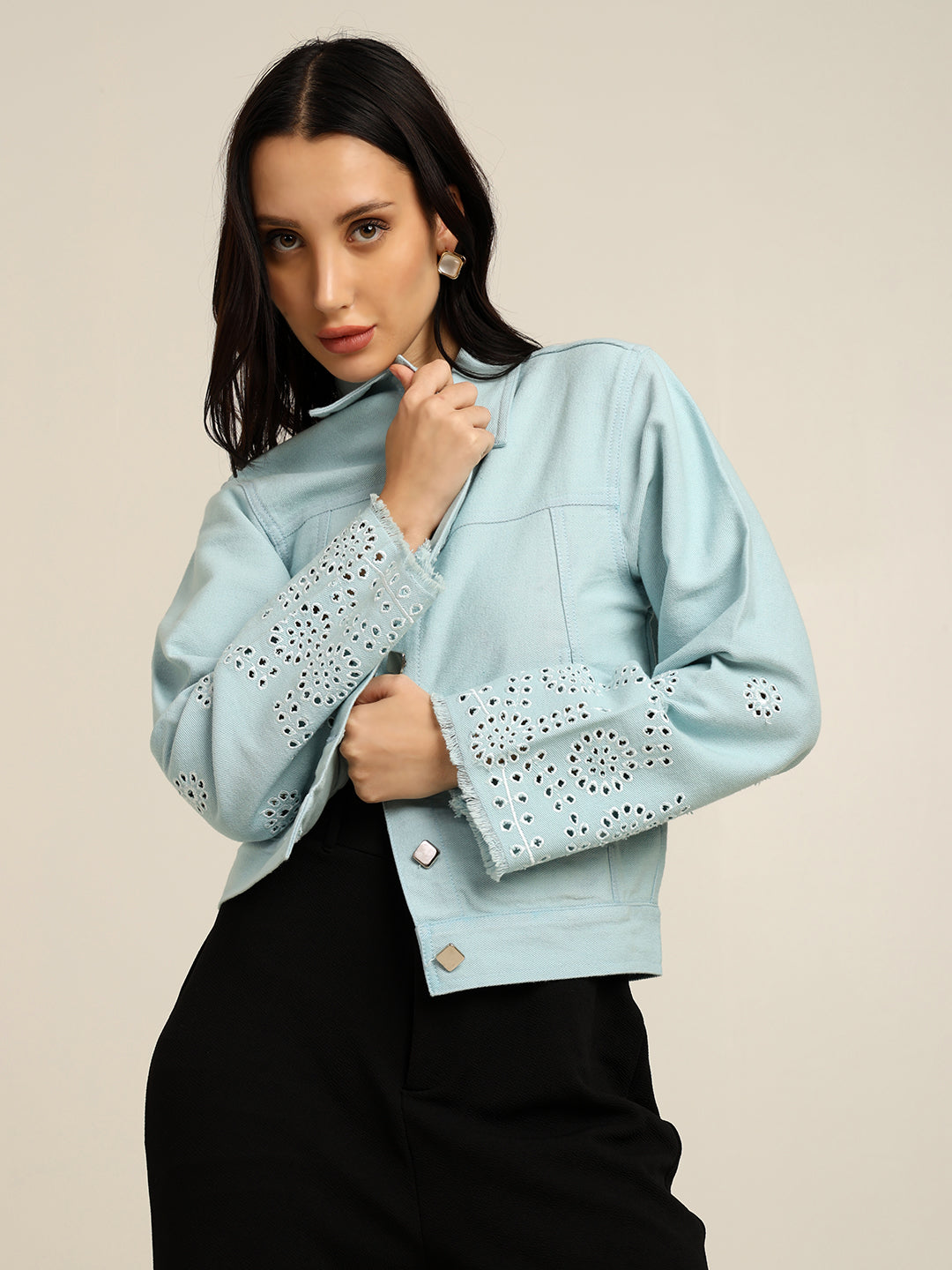 Women's 100% Cotton Twill Schiffli Embroidery Jacket