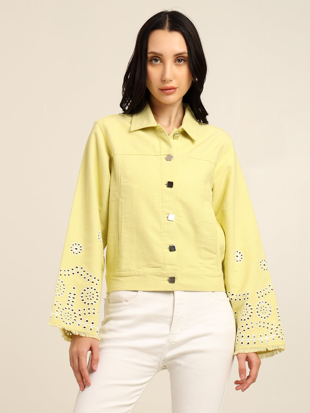 Women's 100% Cotton Twill Schiffli Embroidery Jacket