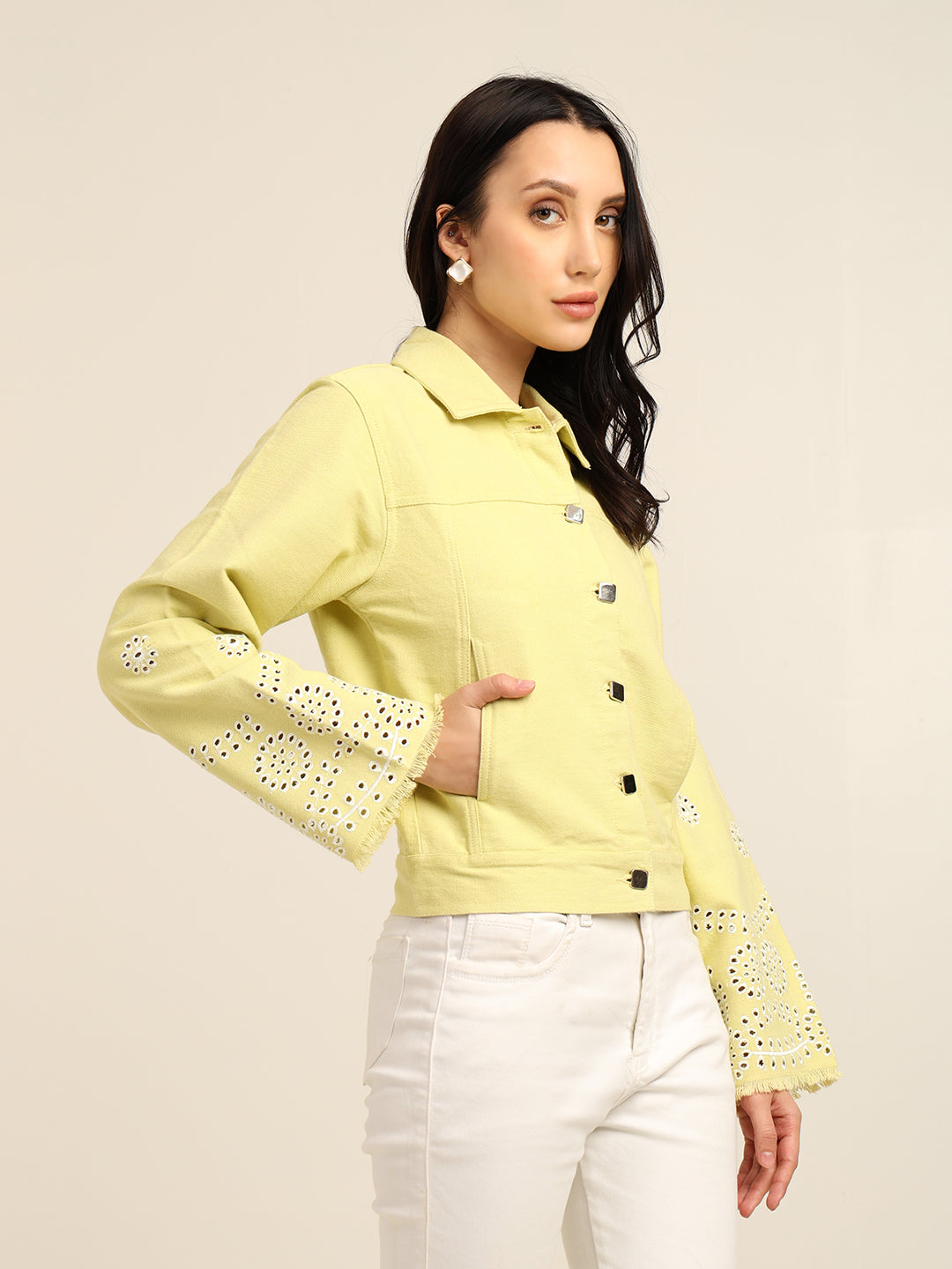Women's 100% Cotton Twill Schiffli Embroidery Jacket