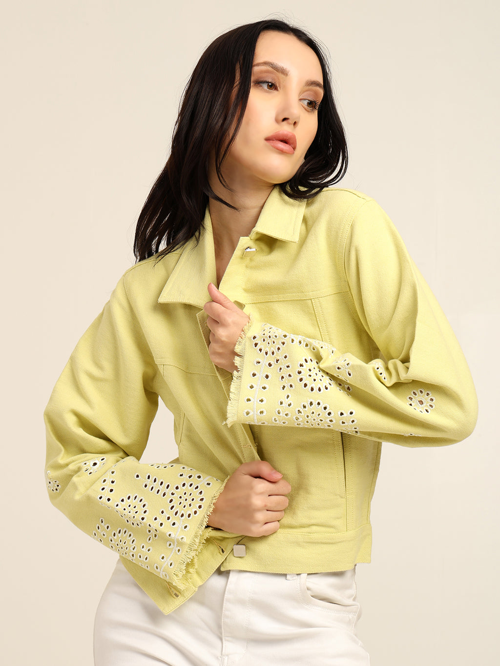 Women's 100% Cotton Twill Schiffli Embroidery Jacket