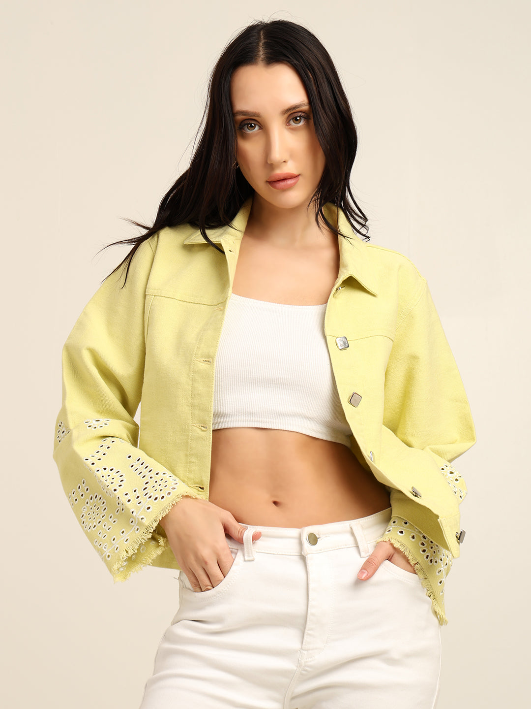 Women's 100% Cotton Twill Schiffli Embroidery Jacket