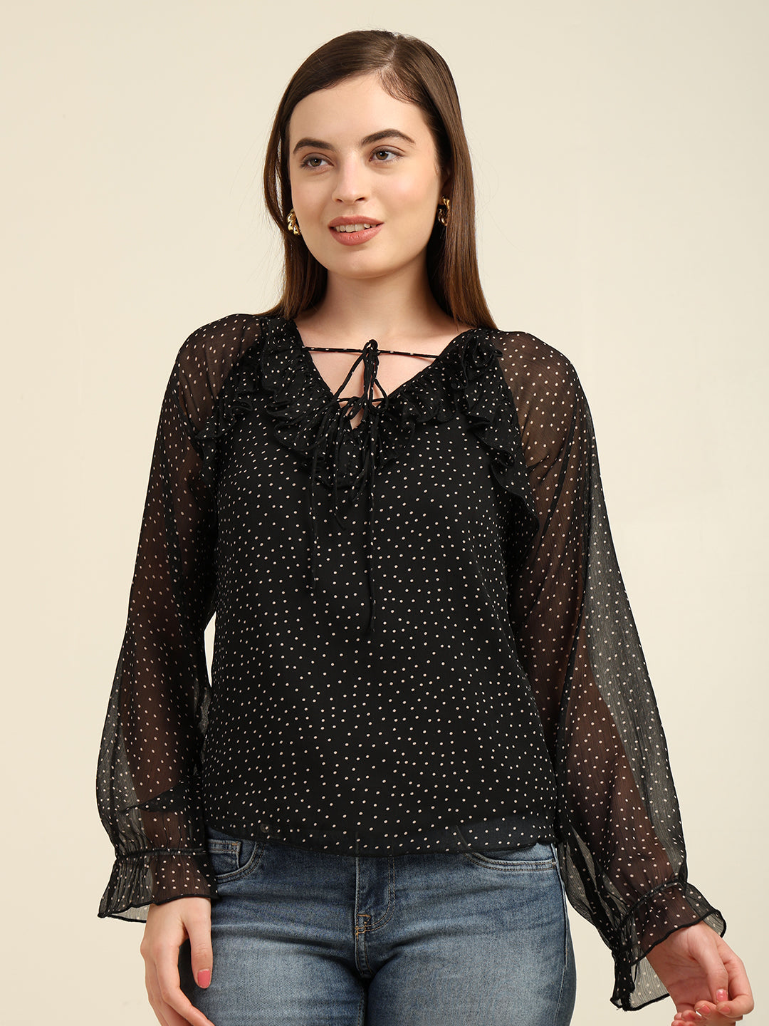 Women's Full-Sleeve Polka Dot Chiffon Top