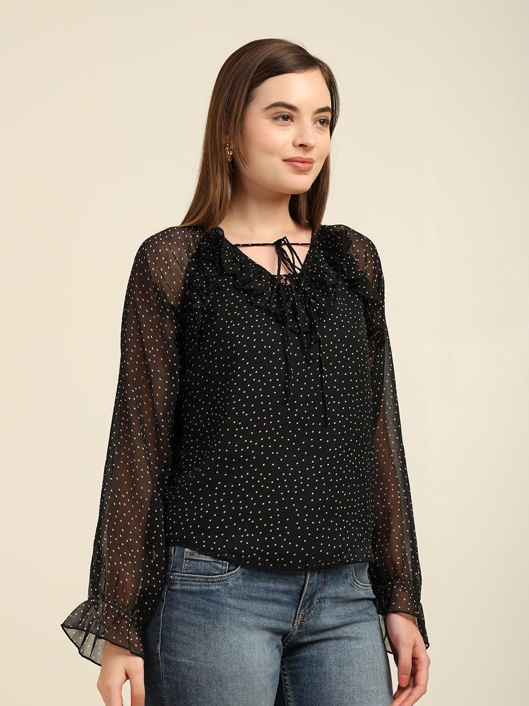 Women's Full-Sleeve Polka Dot Chiffon Top