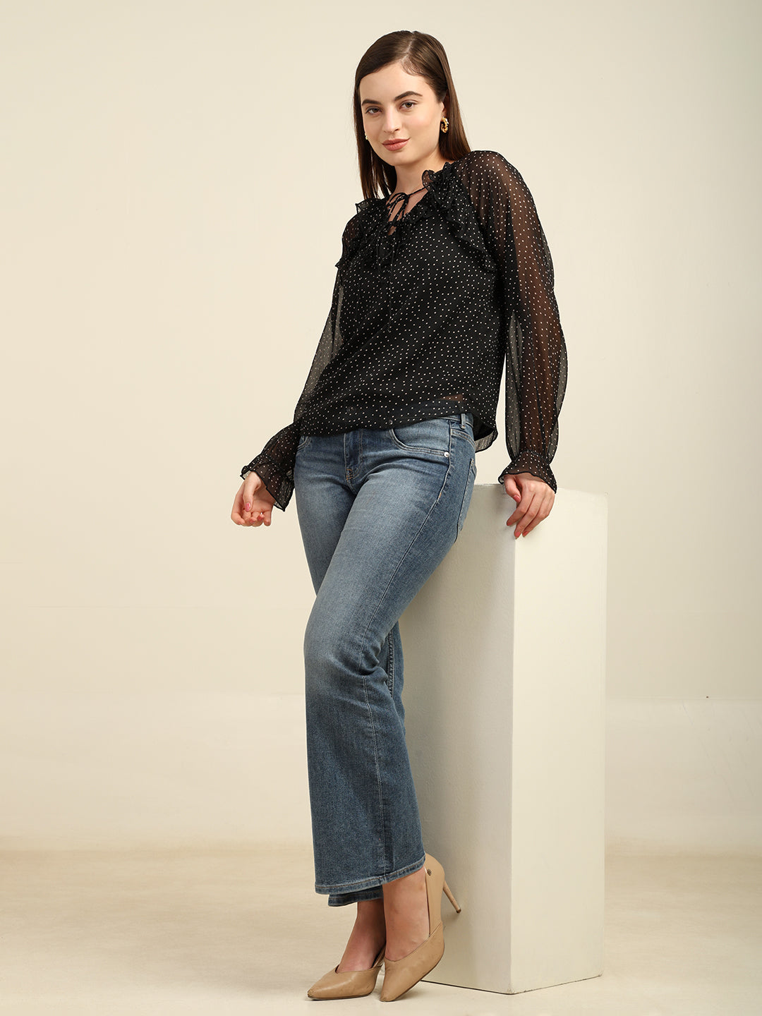 Women's Full-Sleeve Polka Dot Chiffon Top